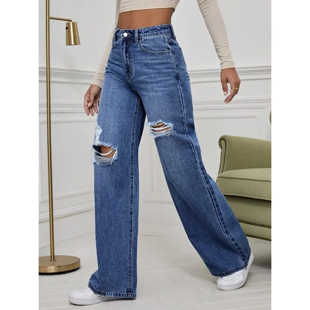 Women's High Waist Ripped Wide Leg Jeans Distressed Denim Pants